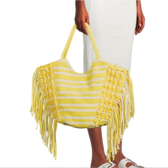 NOBO Handbags - NWT Woven Yellow and White Striped Fringe Tote Beach Bag